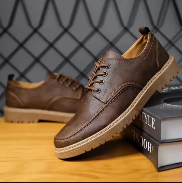 Men's handmade leather office shoes in lace-up, moccasin styles.