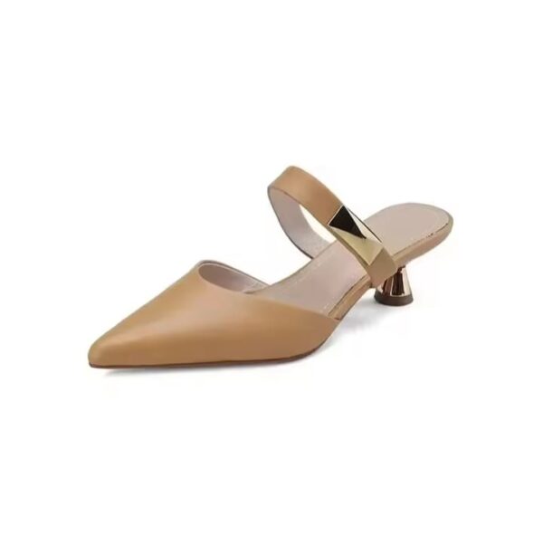 Beige, kitten heels, mules, rivet, pointed toe, summer, casual, fashion, ladies, sandals.
