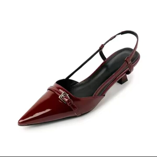 Women's summer patent leather slingback sandals with pointed toe and mid heels.