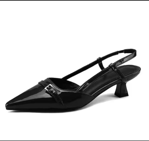 Women's summer patent leather slingback sandals with pointed toe and mid heels.