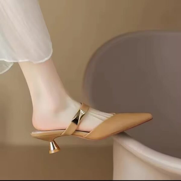 Beige, kitten heels, mules, rivet, pointed toe, summer, casual, fashion, ladies, sandals.