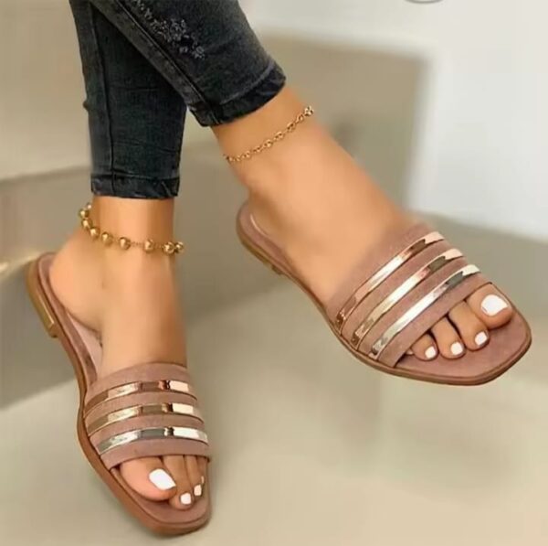 Women’s summer slippers, metal striped, flat, fashion, slip-on, casual.